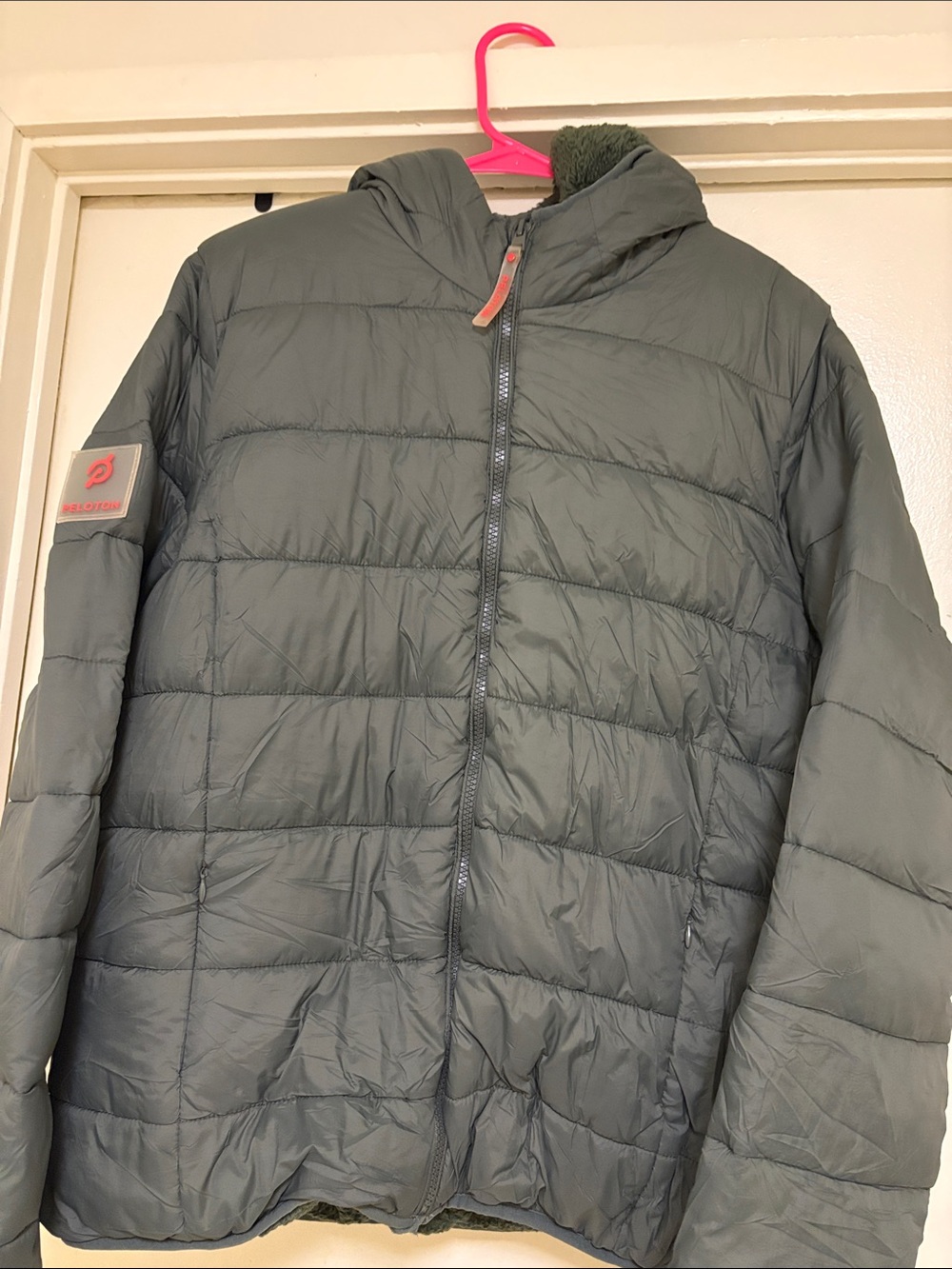 Peloton Men's Olive Puffer Jacket with Hooded Quilted Design